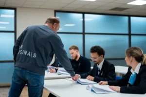 Studenten krijgen uitleg over specifiek rapporteren tijdens examentraining beveiliging.