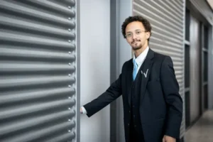 Glimlachende mannelijke beveiliger in uniform tijdens opleiding Beveiliger N2 Pro.